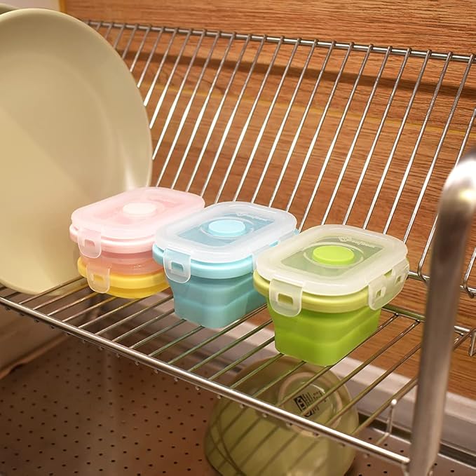Collapsible Silicone Food Storage Container, Portion Control Container with Clip-on Lid, Stackable, Space Saving, Microwave/Fridge/Freezer/Dishwasher Safe, 5 Oz, Pack of 4