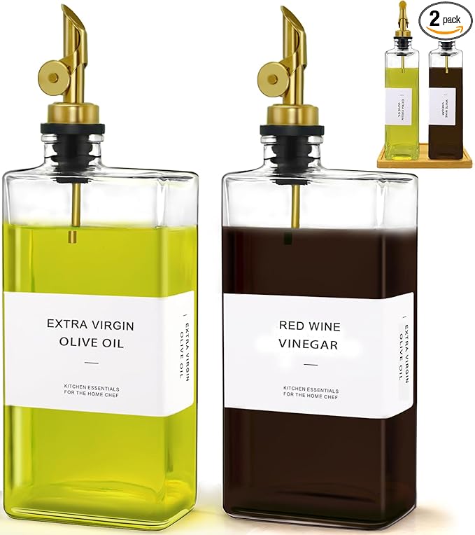 Olive Oil Dispenser Bottle for Kitchen with Bamboo Tray- Glass Oil & Vinegar Dispenser Set 16.9oz, Olive Oil Cruet, Elegant Kitchen Gift for Home Cooks(Clear, Set of 2)