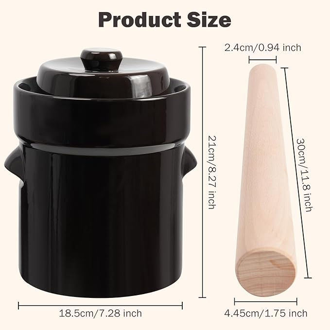 Seeutek Fermentation Crock Jar 1/2 Gallon - Sauerkraut Crock with Lid, Weights & Pounder, Stoneware Pickle Pot for Pickling Kimchi, Pickles, Vegetables, Kombucha, 2 Liter Ceramic Fermenting Crock Kit