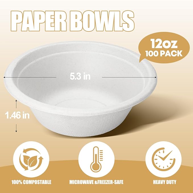 TaidMiao Paper Bowls Disposable - 100 Pack 12 oz Compostable & Biodegradable Bowls; Heavy Duty Sugarcane Fiber Bowls, Microwave Safe; Ideal for Soup, Salads, Pasta & Ice Cream