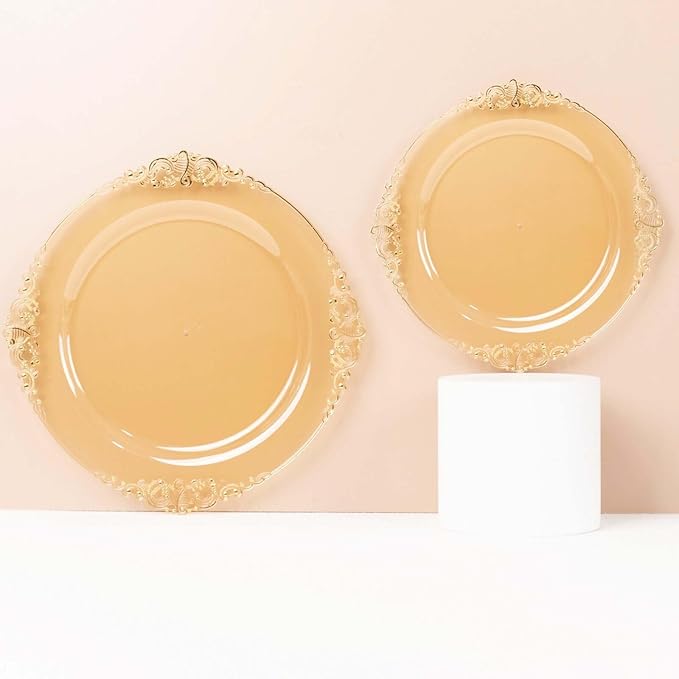 Efavormart 10 Pack | 8" Translucent Gold Baroque Dessert Plates, Leaf Embossed Metallic Rim Shatterproof Appetizer Plates for Festive Cocktail Hours