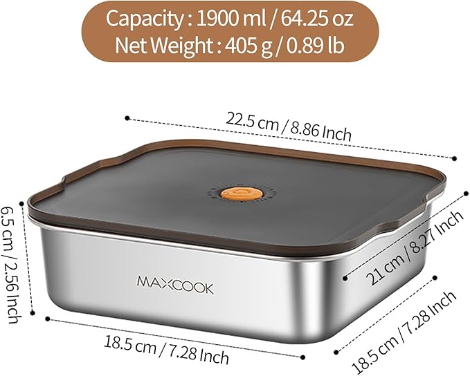 Large Stainless Steel Food Containers with Lids, 64 oz Food Storage Container set, Leak Proof Metal Food Container Bento Box, Snack Container set with Lid (Dishwasher & Freezer Safe, 1900 ml)