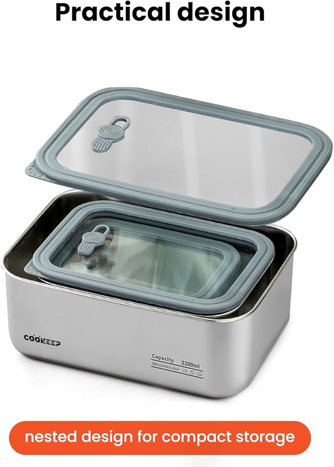 3Pcs Stainless Steel Food Containers,Stainless Steel Containers with Lids,Snack Containers,Lunch Box,Easy Clean,Airtight&Leakproof for Kitchen Storage,Dishwasher Safe,BPA-Free（34oz+54oz+88oz）