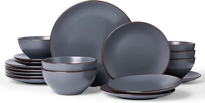Famiware Venus Plates and Bowls Sets with Trim, 18 Pieces Speckled Stoneware Dinnerware Set for 6, Matte Charcoal - Modern Minimalist, Microwave & Dishwasher Safe Dishes for Everyday & Formal Dining