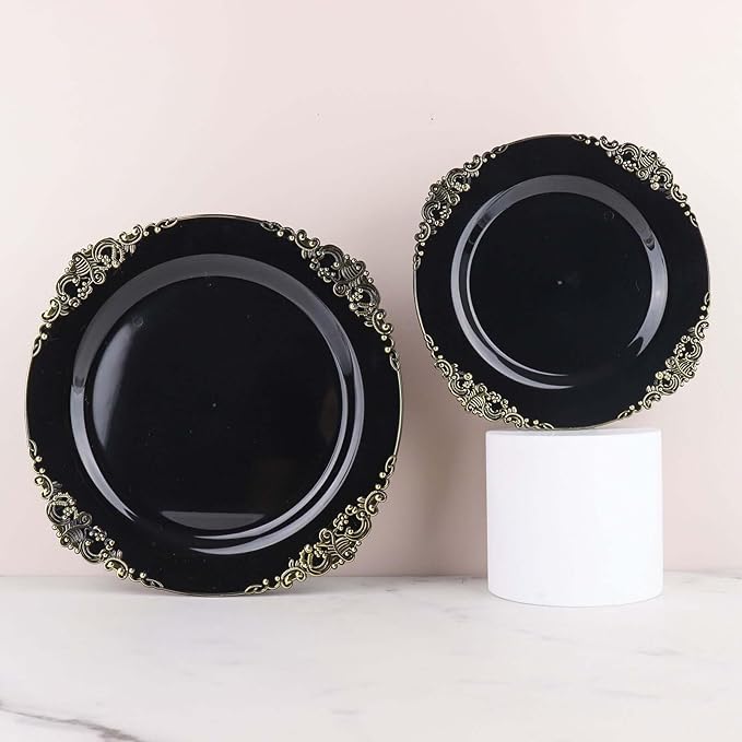 Efavormart 10 Pack | 10" Black and Gold Baroque Dinner Plates, Leaf Embossed Metallic Rim Heavy Duty Serving Plates for Evening Galas and Formal Hosting