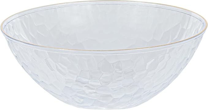 PLASTICPRO 30 Pack 12 Ounce Hammered Plastic Bowls, Heavyweight Disposable Bowl Set, Elegant Clear with Gold Rim, BPA Free, for Parties, Dinners, Events