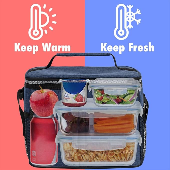 opux Insulated Lunch Box for Men Women Kids, Leakproof Reusable Lunch Bag Cooler for Work School Office, Soft Thermal Lunchbox Tote with Shoulder Strap for Boys Girls Adults, Heather Navy, 14 Can/8L