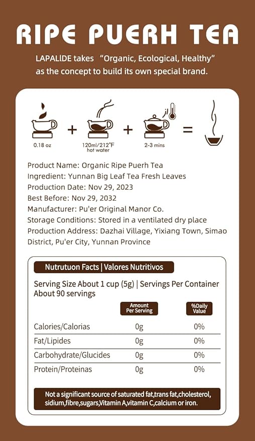 LAPALIDE 16 Oz Puerh Tea Loose Leaf, USDA Organic Pu erh Tea, Yunnan Puerh tea loose leaf Mellow and Rich, Pu'er Ancient Tree Leaves Using Dry Storage