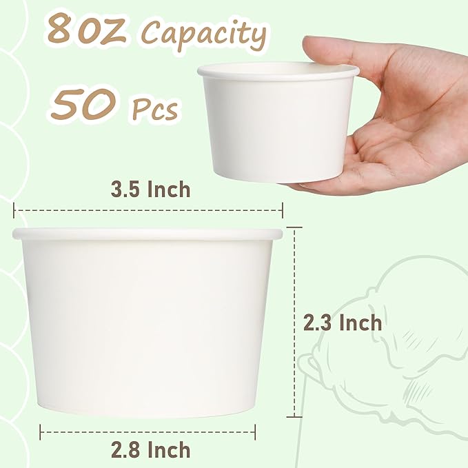 ESSENTIAL Paper Ice Cream Cups, 50pcs 8oz Disposable Dessert Bowls for Hot or Cold Food, Lids Not Included, Paper Snack Containers for Sundae, Frozen Yogurt, Soup (White)