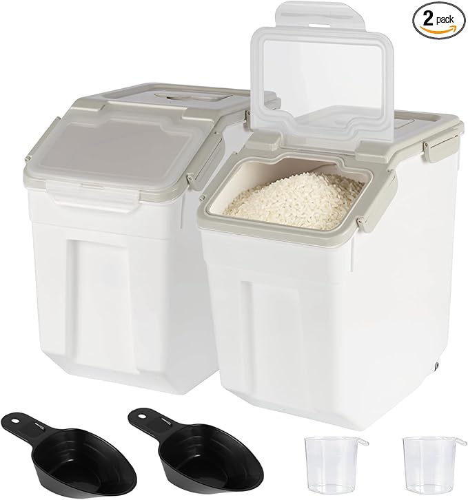 Rice Storage Container 25 lbs Large Household Flour Sugar Containers Airtight Grain Cereal Dispenser with Wheels, Locking Lid & Measuring Cup for Kitchen Pantry Organization, 2 Pack(Grey)