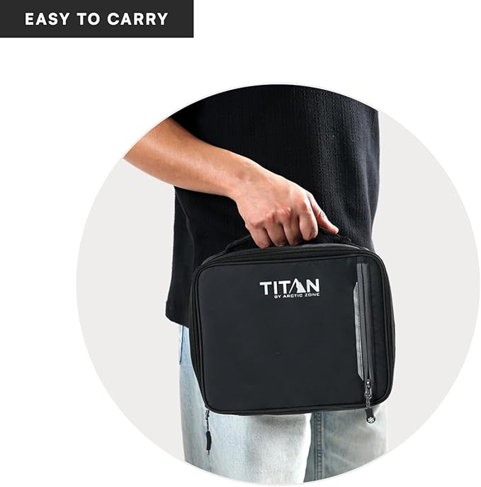 Titan by Arctic Zone Fridge Cold Lunch Box with 2 Gel Ice Packs, Small Insulated Cooler Bag with Leak Proof Lining for School and Work, Black Ice