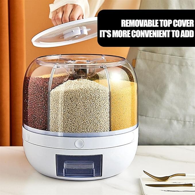 Enfudid Food Grain Storage Container Large Capacity 6-Grid Rice Dispenser, Rotatable Sealed Grain Food Storage Box Rice Bucket Dry Food Fruit Box Kitchen Storage Bucket for Home Kitchen