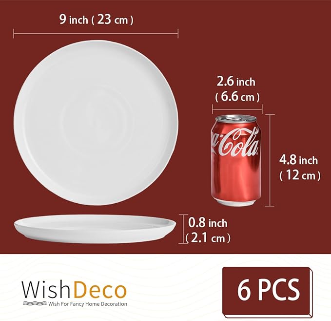 WishDeco White Dinner Plates Set of 6, Porcelain Salad Plates 9 Inch, Modern Kitchen Plate, Round Serving Dishes, Microwave and Dishwasher Safe, Scratch Resistant, Smooth Glaze