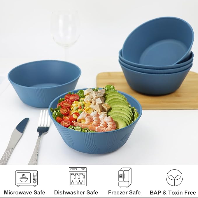 PYRMONT Large Salad Bowl 36 Oz Wheat Straw Bowls Set of 8 Alternative Plastic Bowls Reusable Dishwasher & Microwave Safe Unbreakable Bowls for Kitchen Large Mixing Bowls for Popcorn,Ramen-Blue