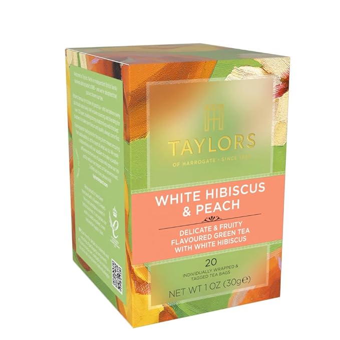 Taylors of Harrogate White Hibiscus & Peach, Green Tea Individually Wrapped Bags, 20 Count (Pack of 1), Delicate, Fruity and Sweet, Caffeinated, Enjoy Hot or Iced, 20 Teabags
