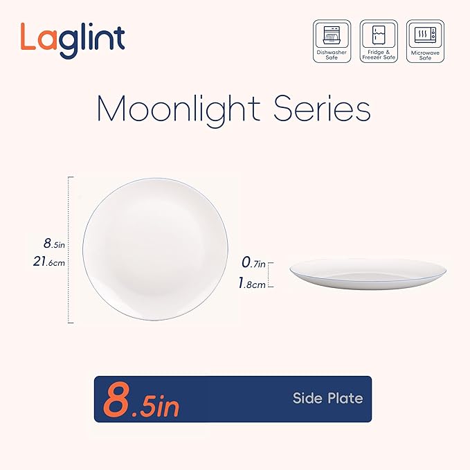 LaGlint 8.5 inch Salad Plate Set of 6, Lightweight Opal Glass Round White Plates for Appetizer Dessert Kitchen, Dishwasher and Microwave Safe, Hand Painted Navy Blue Rim