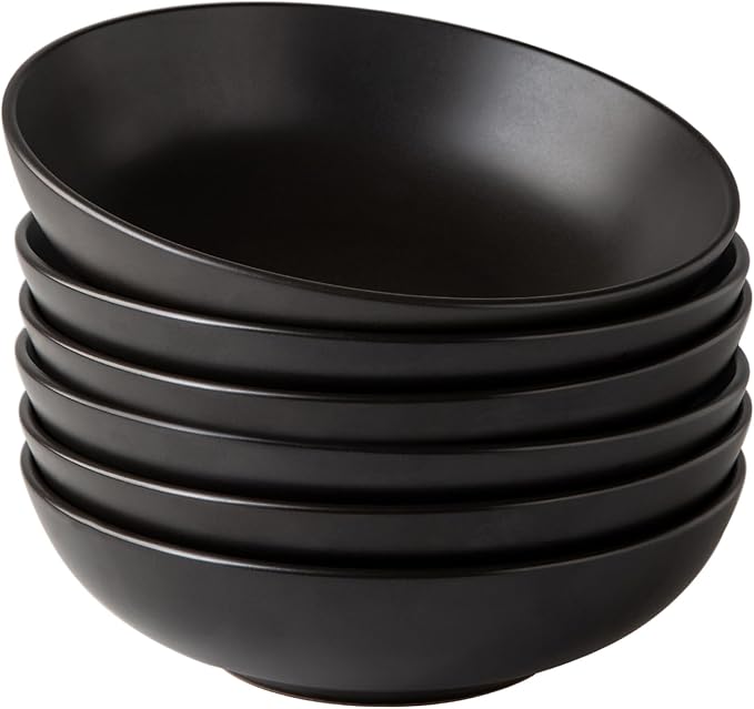 AmorArc 8.75‘’ Large Pasta Bowls, 42 ounce Deep Stoneware Bowls Set of 6 for Kitchen, Wide Bowl for Pasta/Salad/Fruit/Oatmeal/Soup, Microwave&Dishwasher Safe-Matte Black