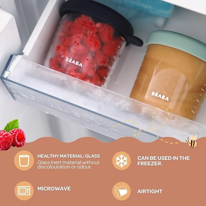 BEABA 2 Pack Glass Baby Food Jars with Soft Silicone Air Tight Lids, 8 oz Glass Storage Containers with Lids, Microwave and Freezer Safe Containers, Midnight
