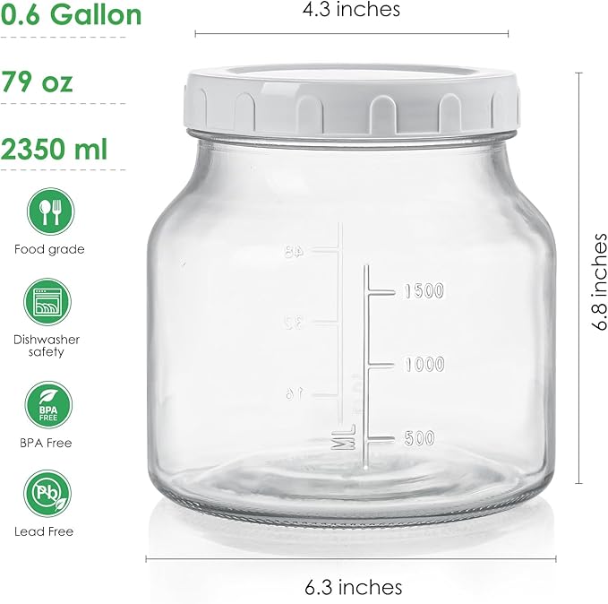 Qianfenie 2 Pack 79 Oz Glass Jars with Lids, 100% Airtight and Leak-proof Half Gallon Mason Jar, Pickle Jar Mason Jar Wide Mouth for Cold Brew, Kombucha, Ice Tea, Pickle Eggs, Flour, Sugar