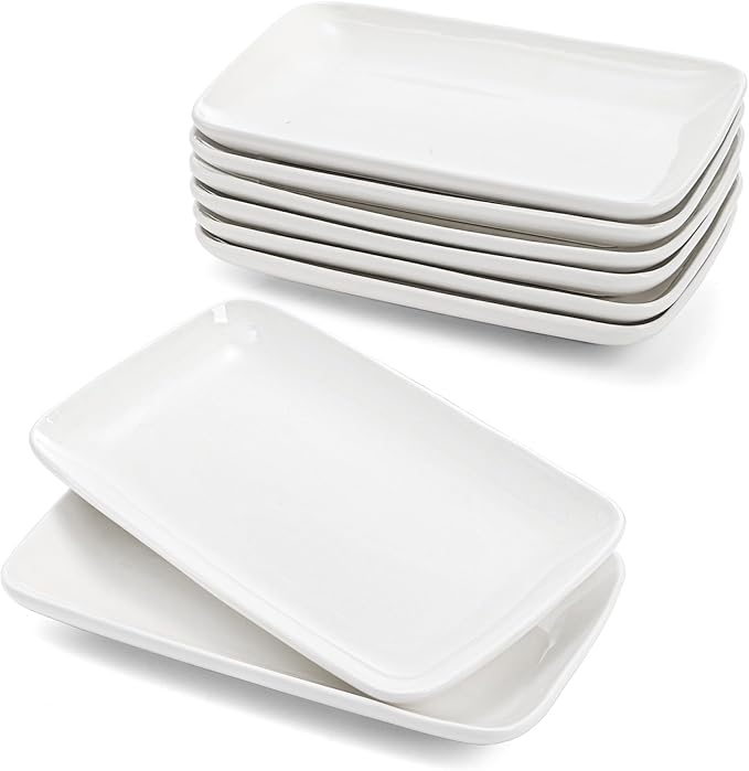 Foraineam 8 Pieces Rectangular Plates 8 Inch Porcelain Platters, Dessert, Appetizer, Salad Plates White Serving Trays