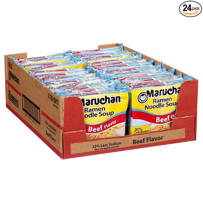 Maruchan Ramen Noodle Soup, Less Sodium Beef Flavor – Japanese-Style Instant Noodles, Quick & Easy Meal for Students & Busy Families – 3 Oz. (24 Pack)