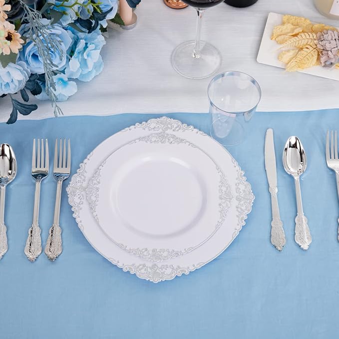 Hioasis 100pcs White Silver Plastic Plates for Party - 7.5" Dessert Plates Disposable, Heavy -duty, Classy and Elegant for Wedding