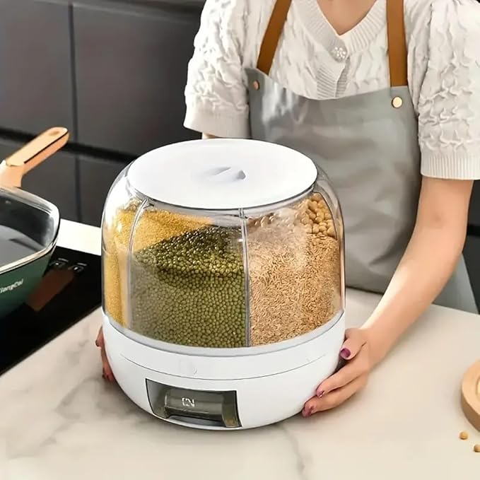Rotating grain distributor, 6-grid large rice storage container for storing rice, beans and cat food, sealed and moisture-proof, large size.