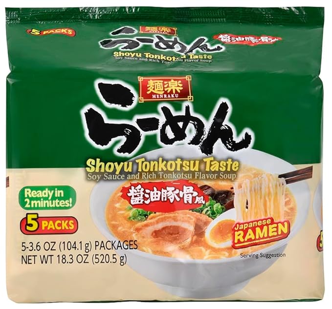 Hikari Menraku Ramen Shoyu Tonkotsu Japanese Instant Noodle Soup, 5 Pack 18.3 Oz