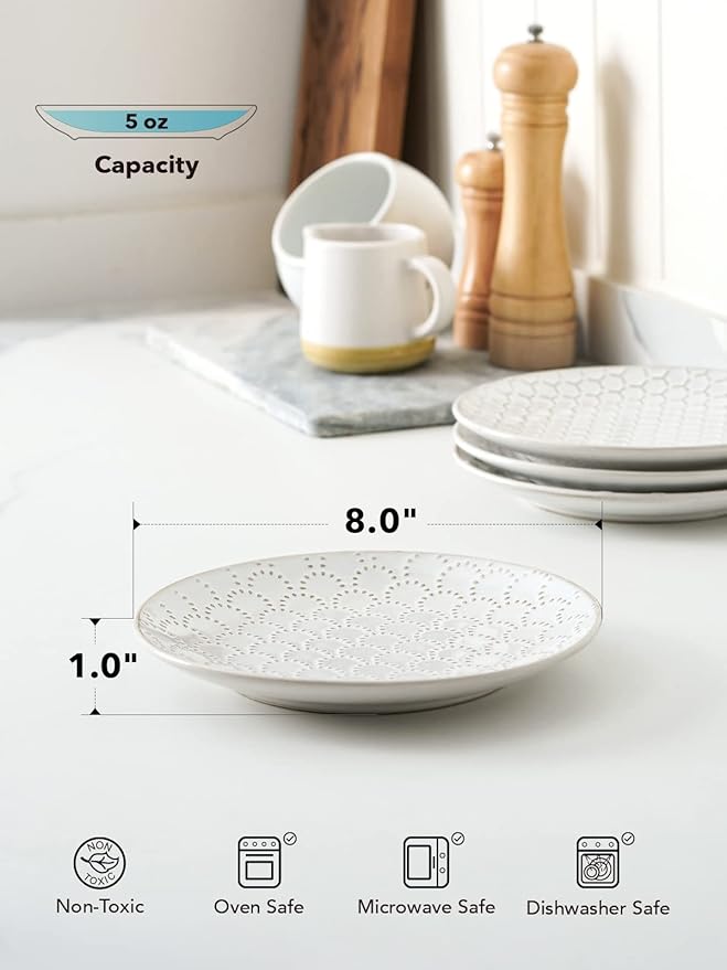 LE TAUCI 8 Inch Ceramic Salad Plates Set of 4, Modern Embossed Appetizer Plates for Kitchen, Small Dessert Plates, Microwave & Dishwasher Safe Dinnerware Sets - Arctic White
