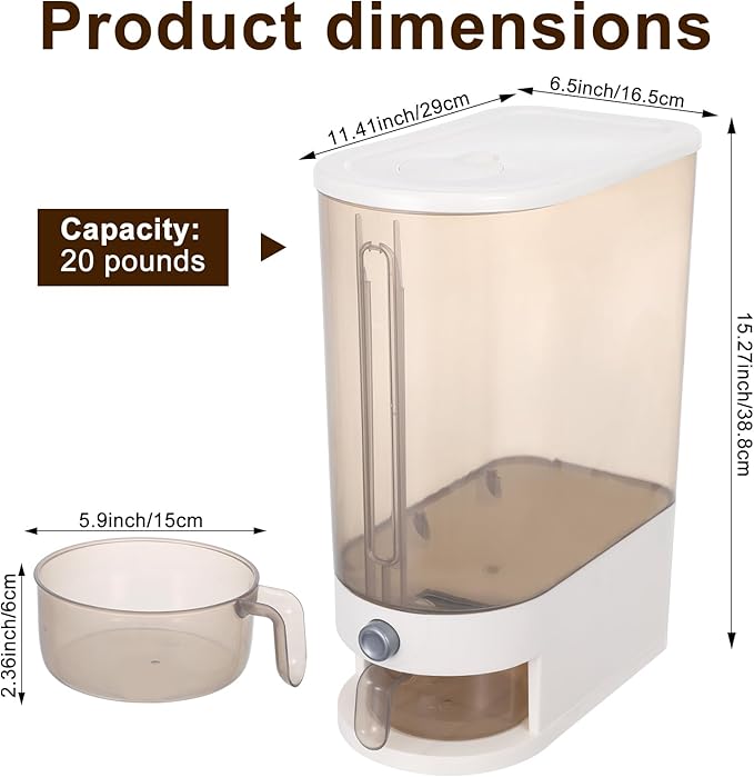 FMOACEN 22 Lbs Rice Dispenser with Measuring Cup Large Airtight Cereal Dispenser Multifunctional Dry Food Storage Container for Rice Grains Soybean Corn Kitchen Pantry Organization