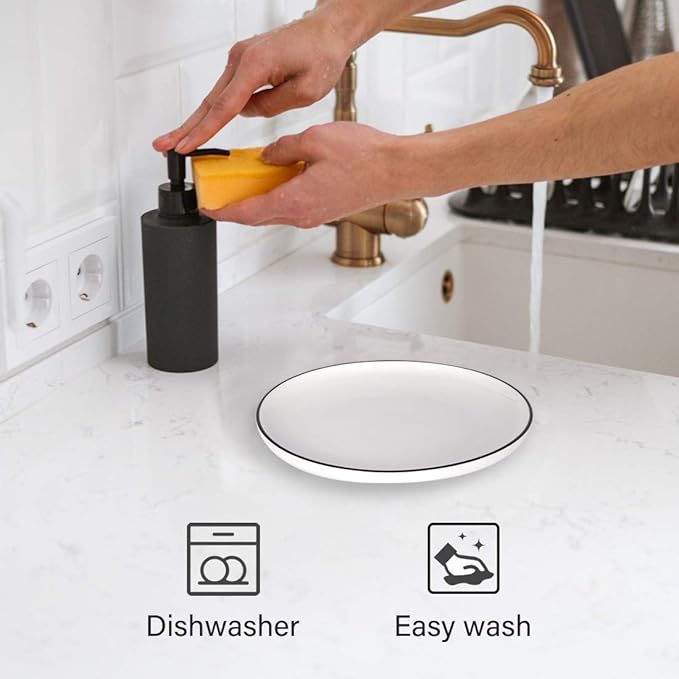10 Inch Porcelain Dinner Plates, Elegant White with Black Edges Design, Classic Round Serving Plates Set for Steak, Pasta, and Salad, Set of 6