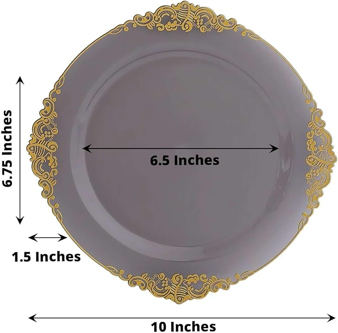 Efavormart 10 Pack | 10" Translucent Black and Gold Baroque Dinner Plates, Leaf Embossed Metallic Rim Heavy Duty Serving Plates for Modern Industrial Galas