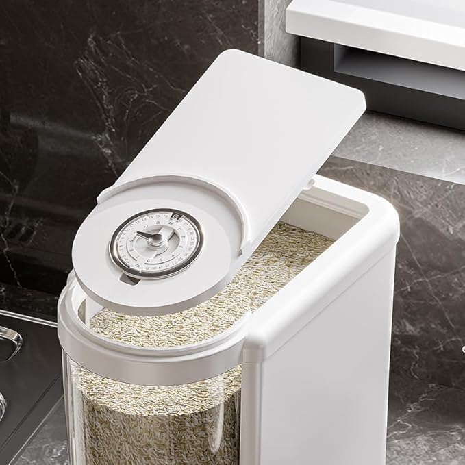 12 Lbs Rice Container with Measuring Cup, Upgraded Built-in Fresh Box, Cereal Dispenser Storage with Lids for Home Kitchen Pantry Rice Soybean Corn And large grain grains-White