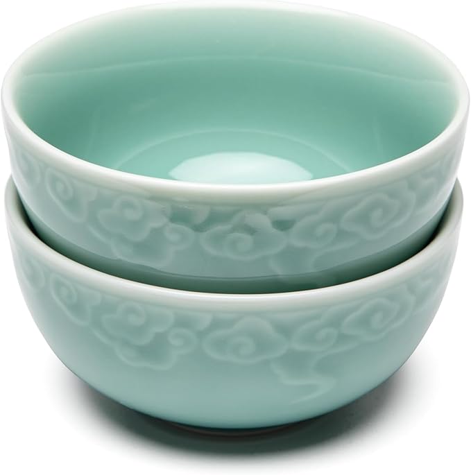 4.5" Green Porcelain Bowls Set of 2,Genuine Longquan Celadon 9.8 Oz Rice Bowls -Sky Cyan