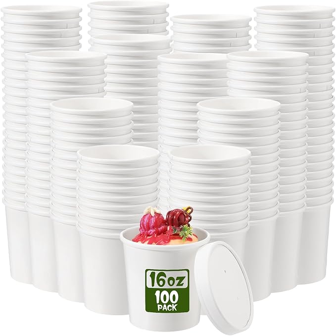 Fulmoon 100 Pack Paper Soup Containers with Lids Disposable Paper Food Containers with Vented Lid Kraft Ice Cream Cake Dessert Cups Soup Bowl for Party Hot Food Fruit Microwave(16 oz,White)