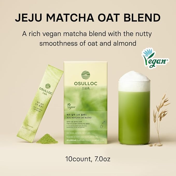OSULLOC Jeju Matcha Oat Blend (7oz X 10 Packets), Vegan Dairy‑Free, Plant‑Based Instant Matcha Drink Powder, Lightly Sweetened