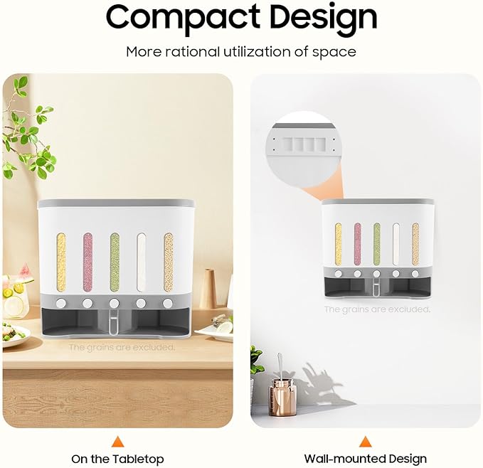 23 Pounds Dry Food Dispenser Wall Mount Dry Food Dispenser, 5 Grid Countertop Rice Coffee Bean Dispenser Wall Cereal Dispenser Storage Containers for Kitchen