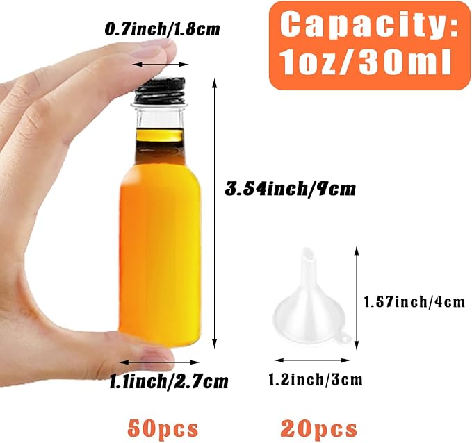 Mini Liquor Bottles,50 Pack Empty Spirit Bottles with Black Cap,1oz/30ml Mini Alcohol Bottle with 20 Funnels,Miniature Bottle for Weddings,Party Favors