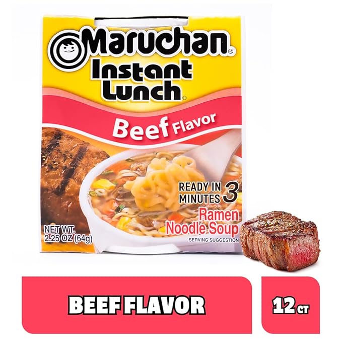 Maruchan Instant Lunch Ramen Noodles, Beef Flavor – Japanese-Style Instant Noodle Soup, Easy Meal Ready in 3 Minutes – 2.25 Oz. (12 Pack)