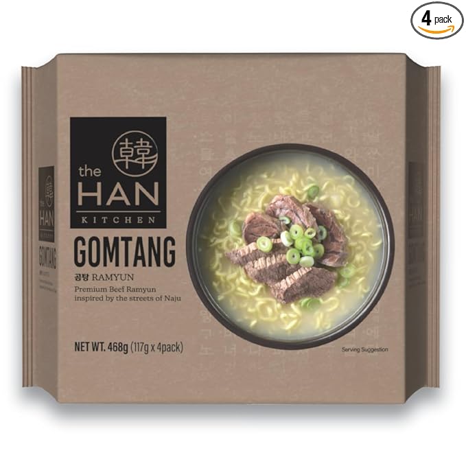 The Han Kitchen Pocha Ramyun Gomtang, Pack of 4 (118g Each) – Korean Instant Ramen with Thick Chewy Noodles, Rich Beef Bone Broth – Mild & Savory Seoul Pocha Style – Ready in 5 Minutes