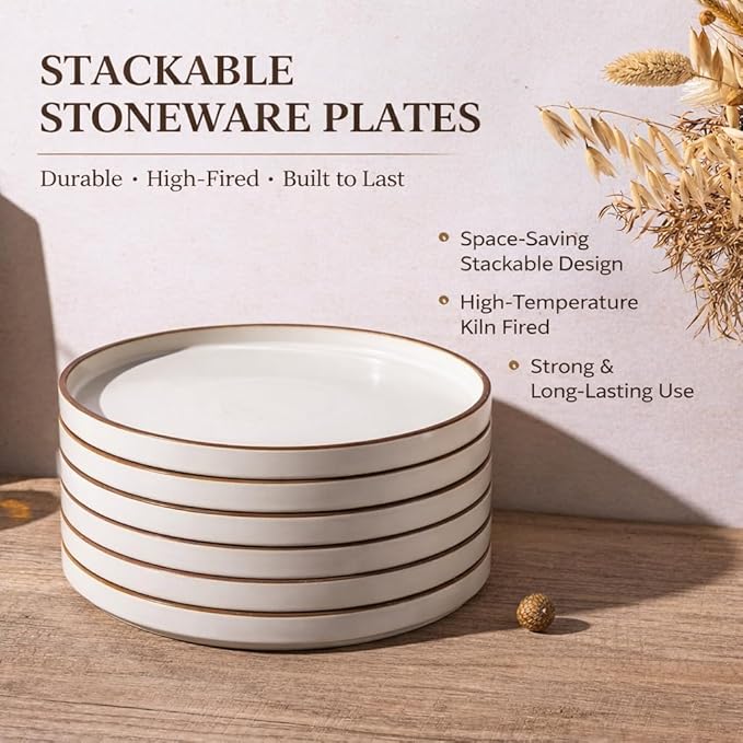LERATIO Ceramic Plates,8.0 Inch Flat Salad Plates Set of 6,High Edge Modern plates for Kitchen,Microwave & Dishwasher & Oven Safe, Scratch Resistant Dishes Set-Matte White with Rim