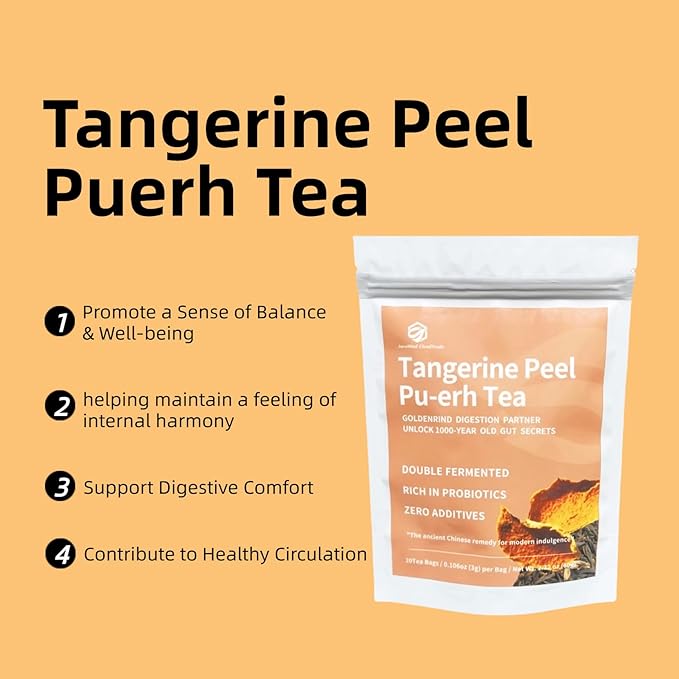 Tangerine Peel Puerh Tea Bags - Chenpi & Puer Herbal Blend for Digestive Aid & Wellness, Ripe fermented Tea with Natural Mandarin Aroma, Traditional Chinese Tea 2.12oz 20 Bags, AeroMind CloudTrade