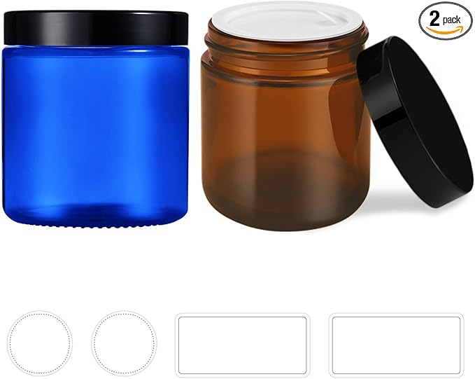 Small Glass Containers with Lids, Tecohouse 4 oz Glass Jars with Black Lids & Inner Liners,Blue and Amber Mini Travel Toiletries Container for Slime, Makeup, Cream, Lotion, Cosmetic - 2 Pack