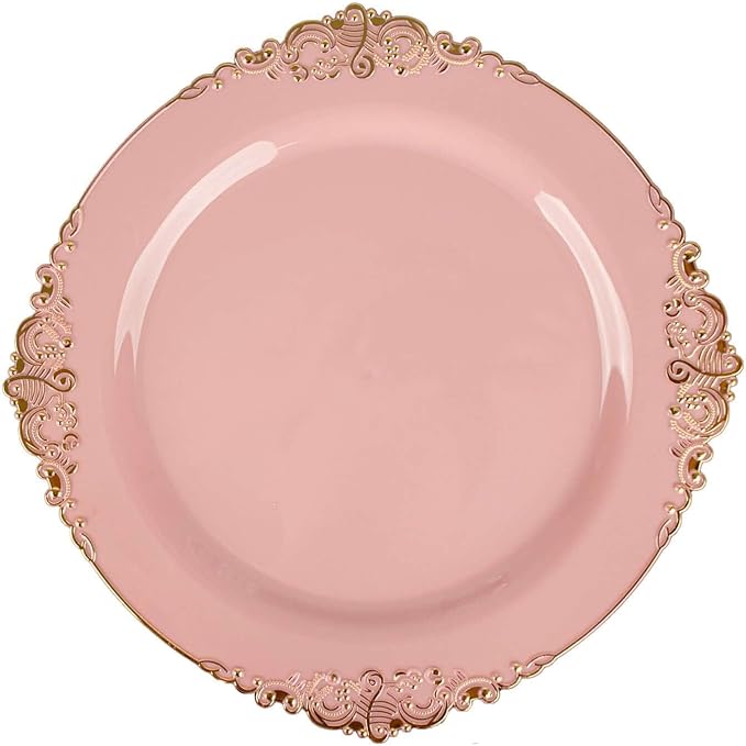 Efavormart 10 Pack | 8" Dusty Rose and Gold Baroque Dessert Plates, Leaf Embossed Metallic Rim Heavy Duty Appetizer Plates for Whimsical Parties