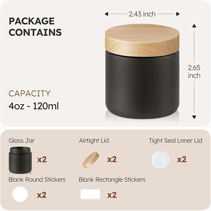 Small Glass Jars with Lids, 4 oz Black Glass Jars with Plastic Woodgrain Lids & Inner Liners Leakproof Round Airtight Empty Cosmetic Travel Containers - 2 pack