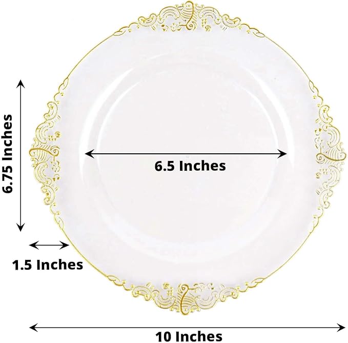 Efavormart 10 Pack | 10" Clear and Gold Baroque Dinner Plates, Leaf Embossed Metallic Rim Shatterproof Serving Plates for Modern Wedding Receptions