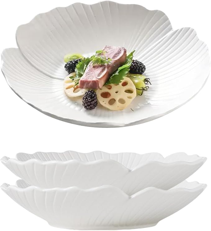 Jusalpha Set of 3-Japanese Style Flower Petal Shaped Porcelain Dinner Plates, Versatile Circular Serving Plates for Breakfast, Salad, Steak Dinner, PL019 (8 Inches, White)