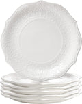 SOUJOY Set of 6 Porcelain Dinner Plate, 10.5'' White Dinner Dish, Embossed Printing Dinnerware Plate for Dinner, Restaurant, Family Party and Kitchen, Microwave, Dishwasher Safe