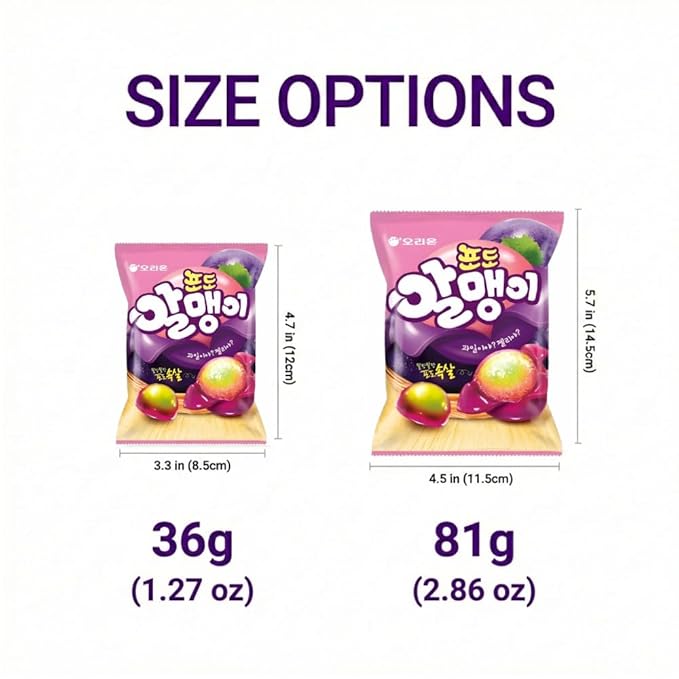Korean Fruit Jelly Candy – Assorted Chewy Gummy Snacks – 3 Fruity Flavors (Grape, Lychee, Mango) – Individually Wrapped – Perfect for Kids & Adults – 알맹이젤리 (3 Flavor Mix–1.26oz(36g) × 6pack)
