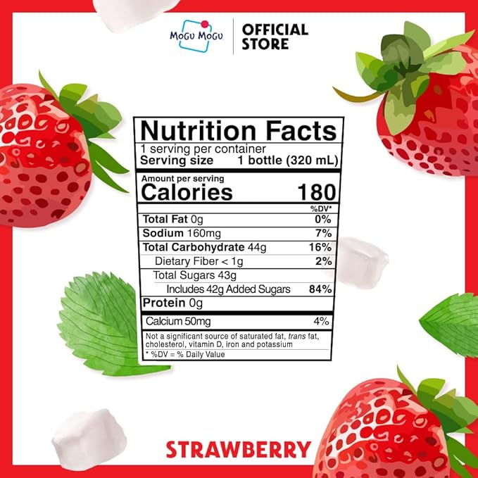 Mogu Mogu Strawberry Juice Drink with Nata de Coco (Coconut Jelly) – Chewy Fruit Beverage for Kids & Adults, 6 Pack Bottles, 10.82 fl oz Each
